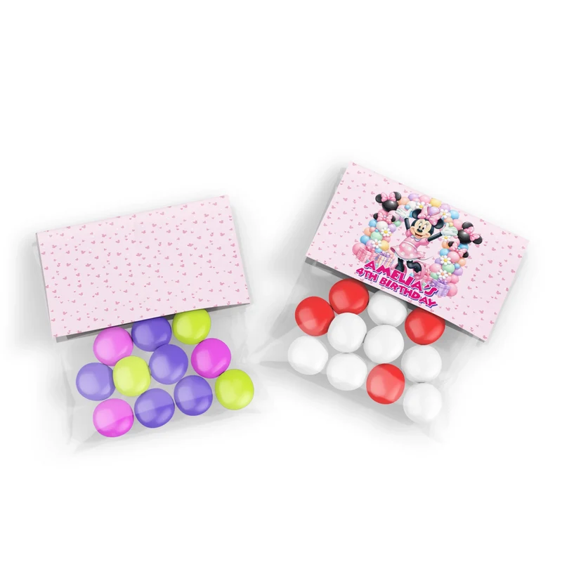 Minnie Mouse treat bag topper label showing a colorful folded paper design sealing a clear candy pouch
