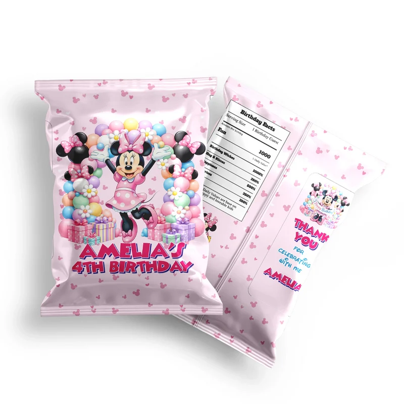 Minnie Mouse chips bag label mockup displaying a vibrant custom snack bag layout on a clean background
