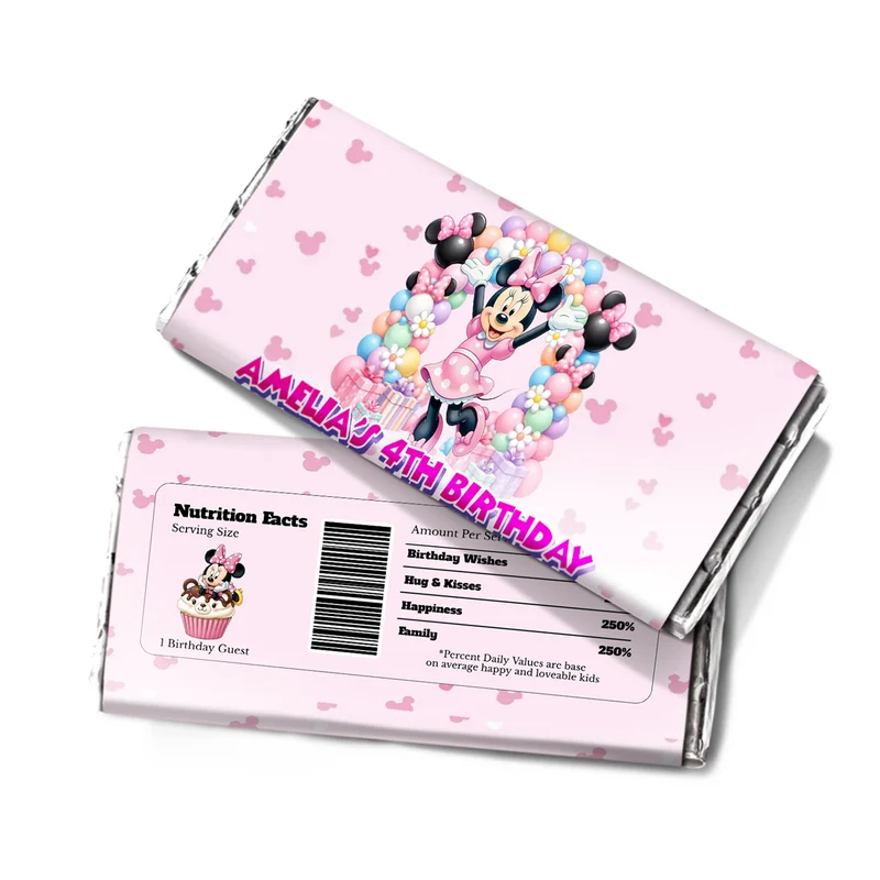Minnie Mouse chocolate label wrap featuring a colorful candy bar packaging layout against a white surface