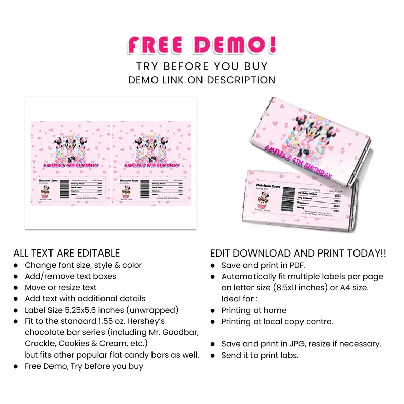 Minnie Mouse Chocolate Label Printable Digital Download