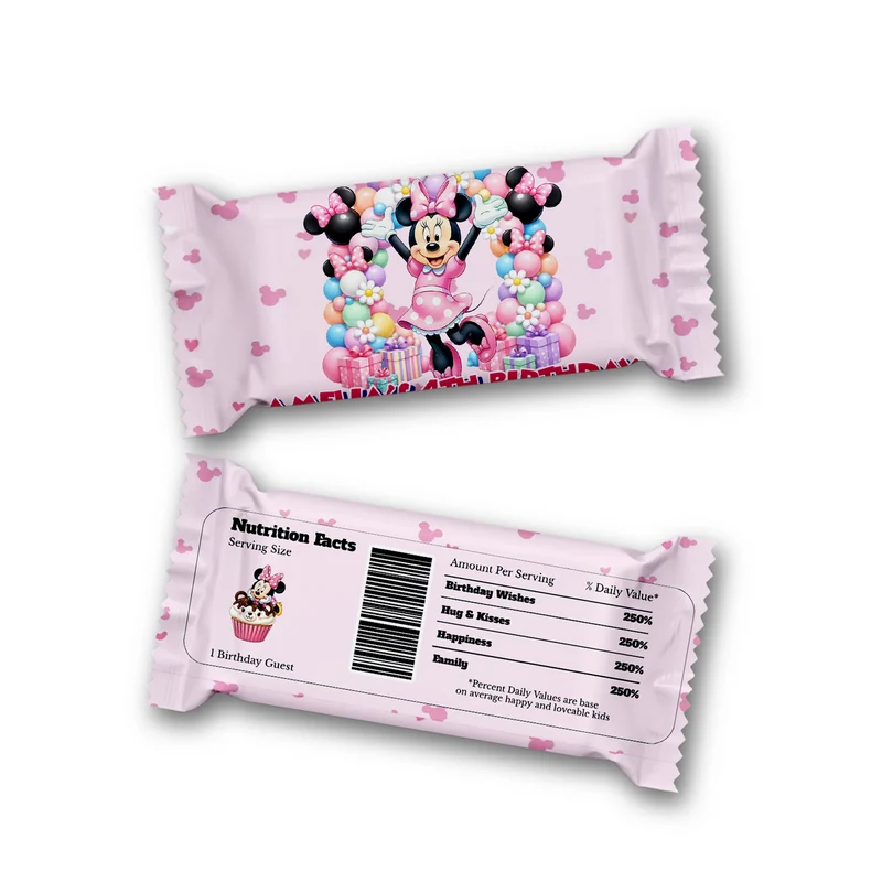 Minnie Mouse Rice Krispies treats and candy bar labels shown together in a vibrant party snack display