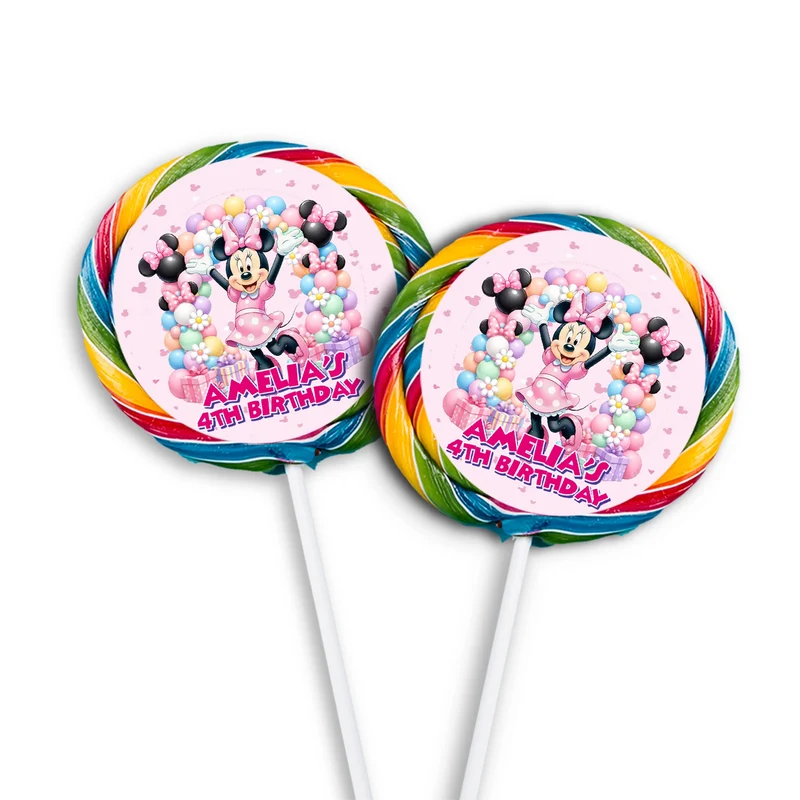 Minnie Mouse lollipop label mockup featuring a colorful round sticker design attached to a clear wrapper