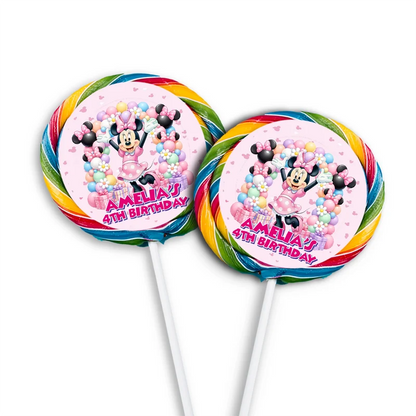 Minnie Mouse lollipop label mockup featuring a colorful round sticker design attached to a clear wrapper