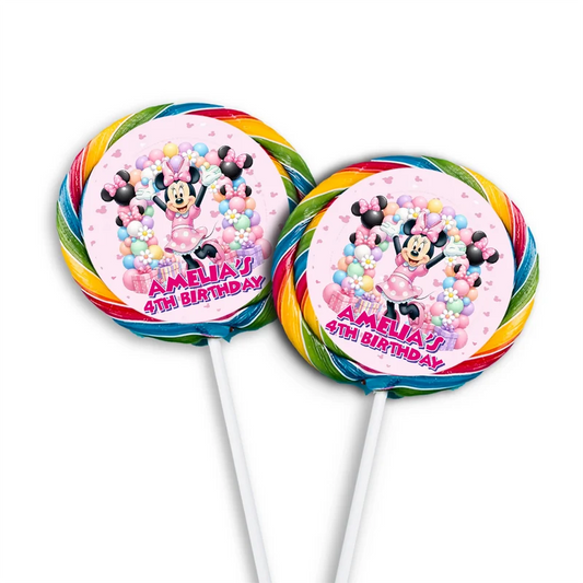Minnie Mouse lollipop label mockup featuring a colorful round sticker design attached to a clear wrapper