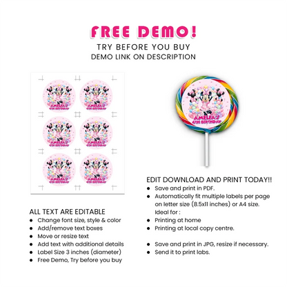 Minnie Mouse Lollipop Label Printable Digital Download
