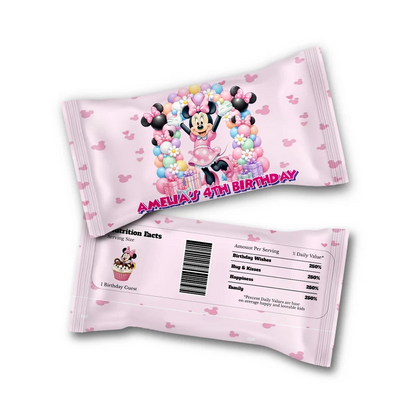 Minnie Mouse Skittles label wrap showing a vibrant candy packaging layout displayed on a neat tabletop