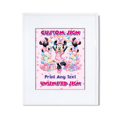 Minnie Mouse custom sign template featuring a colorful party layout inside a modern white picture frame