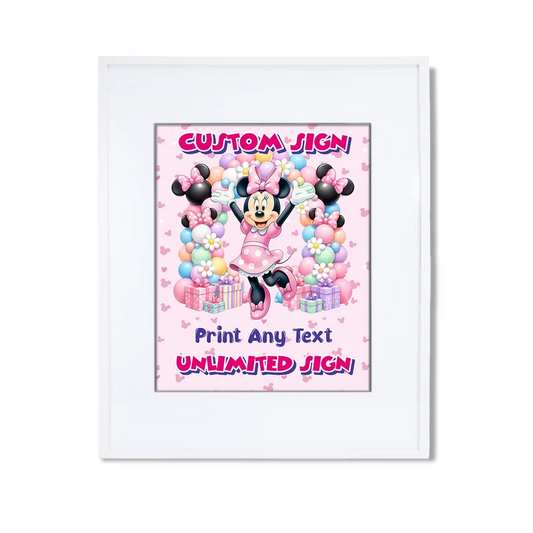 Minnie Mouse custom sign template featuring a colorful party layout inside a modern white picture frame