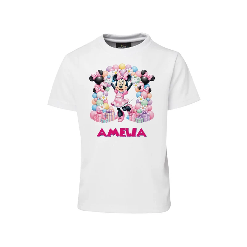 Minnie Mouse sublimation T-shirt mockup showing a colorful graphic layout printed on a white cotton shirt