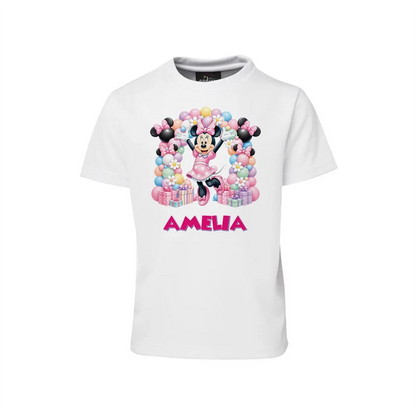 Minnie Mouse sublimation T-shirt mockup showing a colorful graphic layout printed on a white cotton shirt