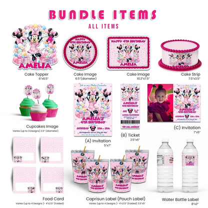 Minnie Mouse personalized party pack template with pink polka dot decorations in a vibrant flat lay mockup layout