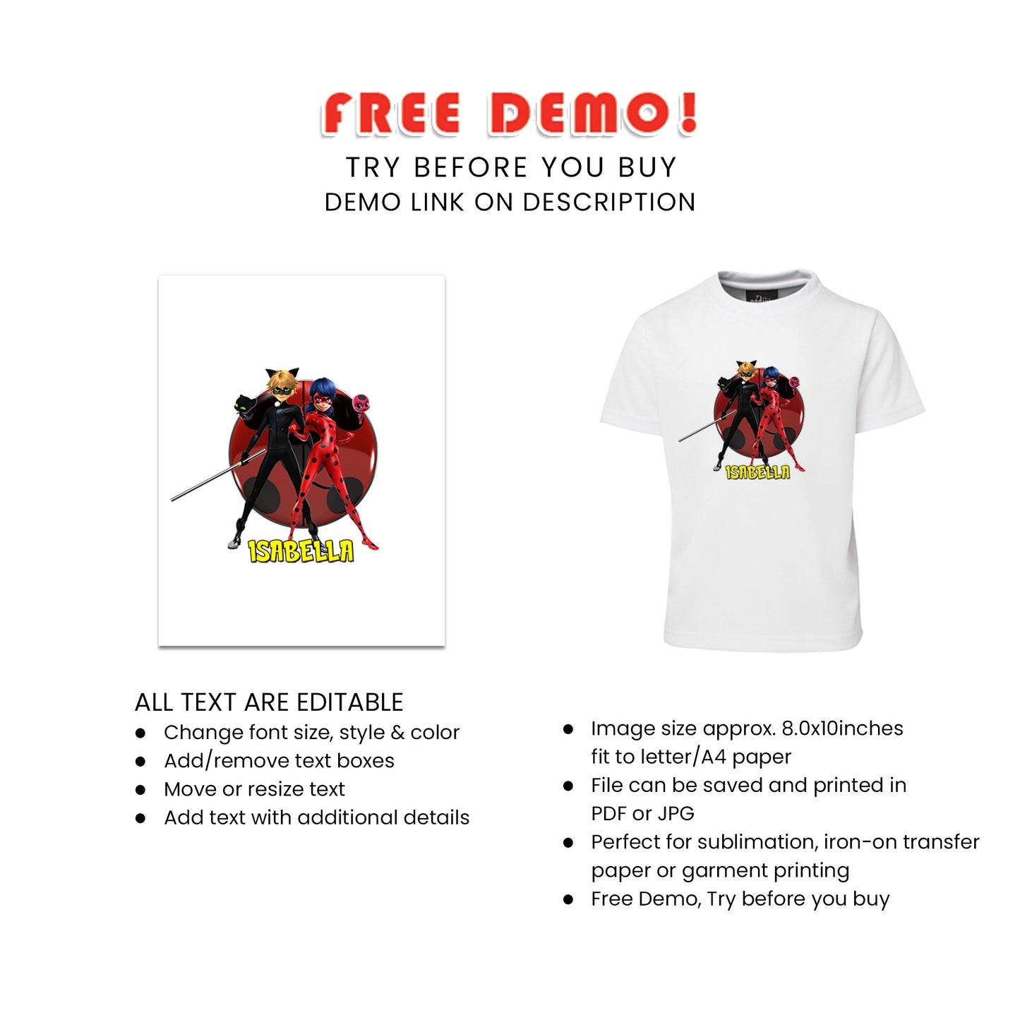 Sublimation T-Shirt with Miraculous The Lady Bug Personalization - Perfect for Any Occasion