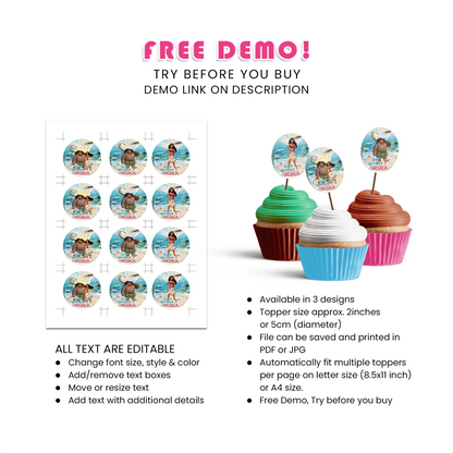 Moana Personalized Cupcake Toppers - Fun & Customizable for Kids’ Parties