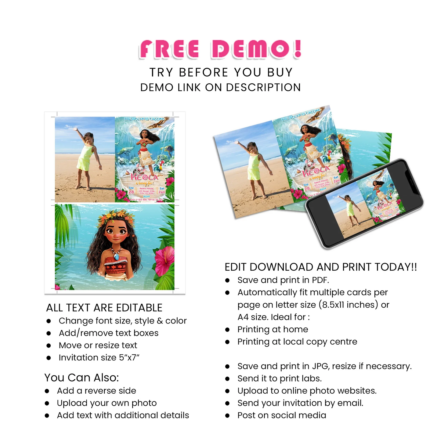 Moana Personalized Photo Card Invitations - Unique Birthday Invitations