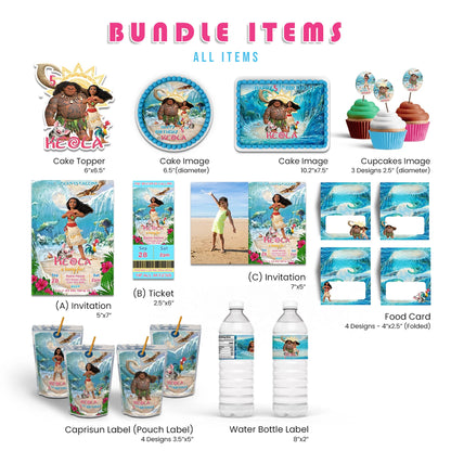 Moana 2 Personalized Digital Template Party Pack featuring editable tropical island party decorations