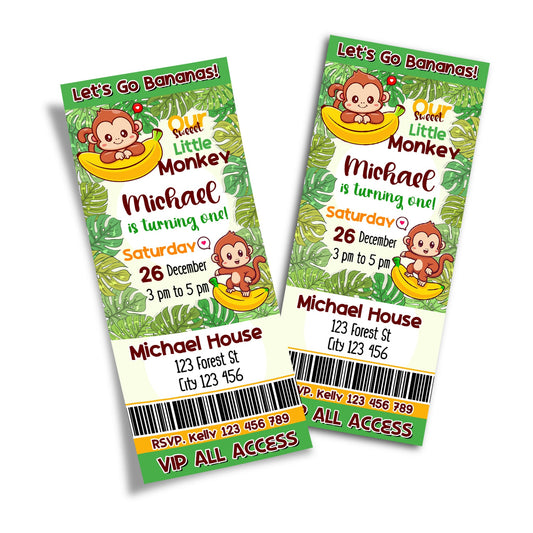 Monkey Birthday Event Ticket-Style Invitations