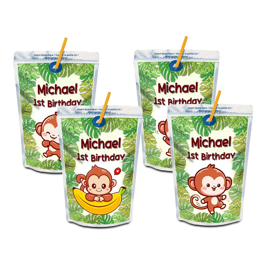Monkey Juice Pouch Labels for Kids’ Birthday Celebrations