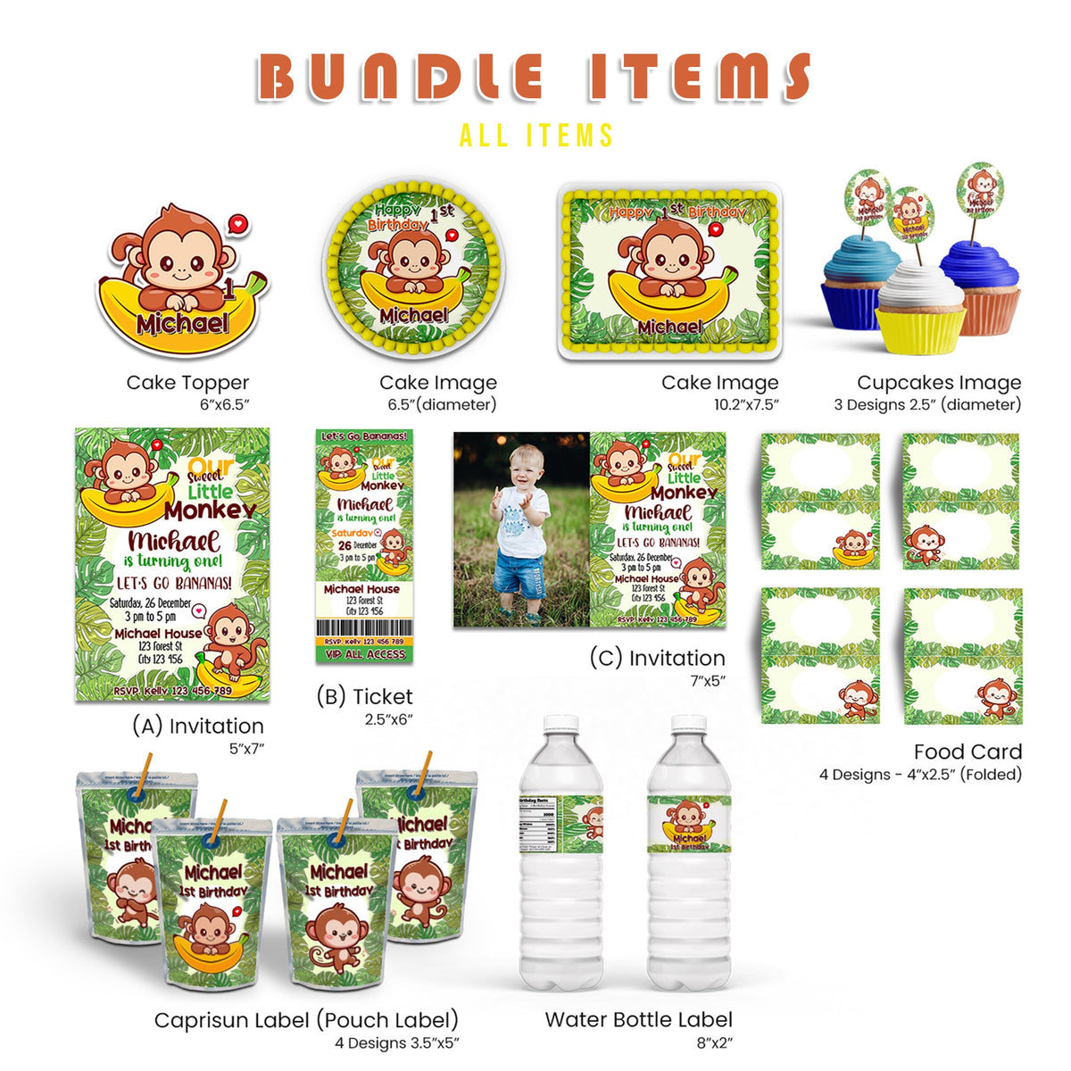 Editable Monkeys Little Monkey Personalized Digital Template Party Pack Bundle - Printa ...