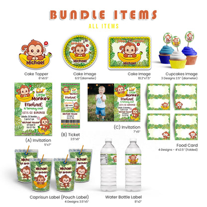 Monkey Personalized Digital Template Party Pack with editable jungle theme decorations and party printables