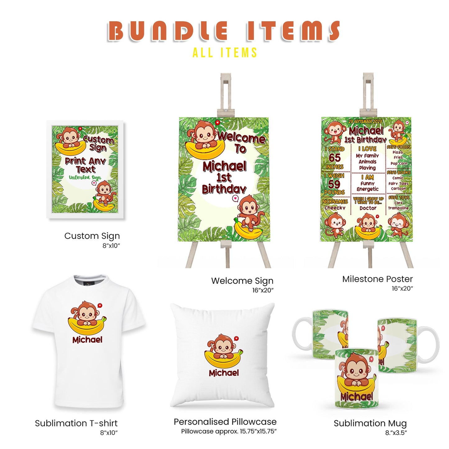 Little Monkey Personalized Digital Template Party Pack Bundle - Printable Jungle Party Decor