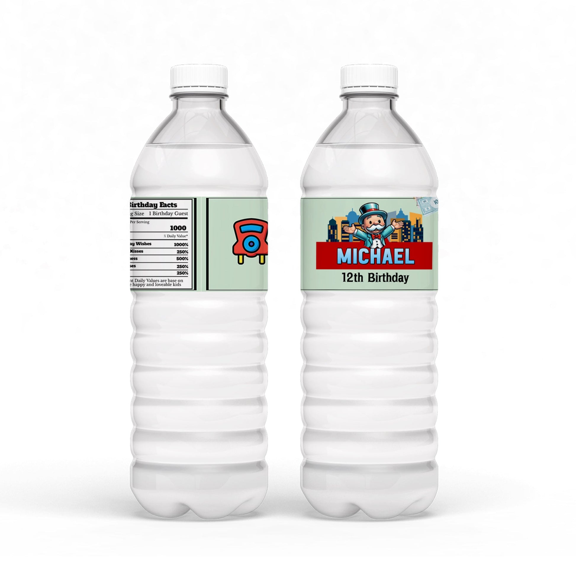 Water bottle label with Monopoly Go design