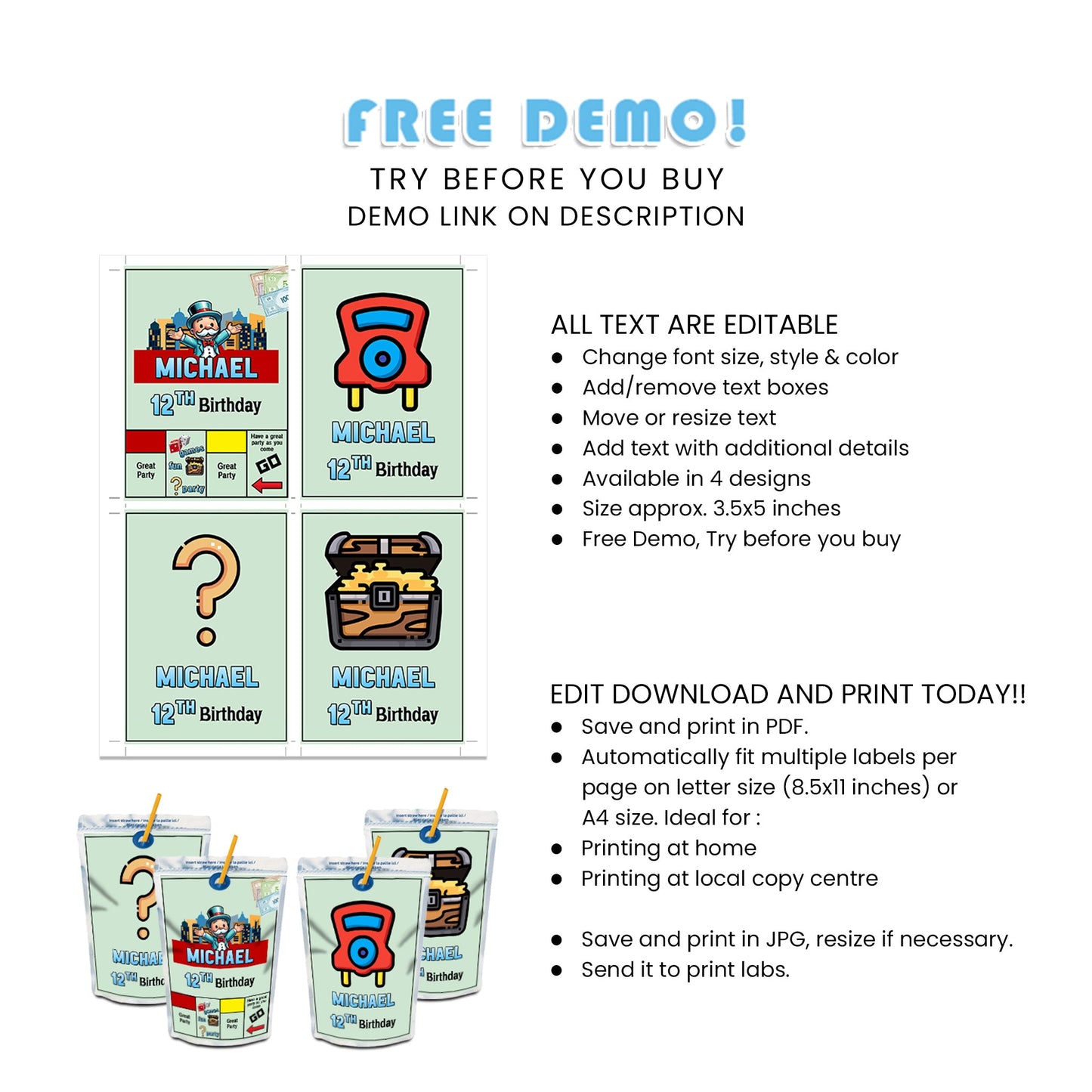 Juice Pouch Labels with Monopoly Board Game Design for Kids Parties