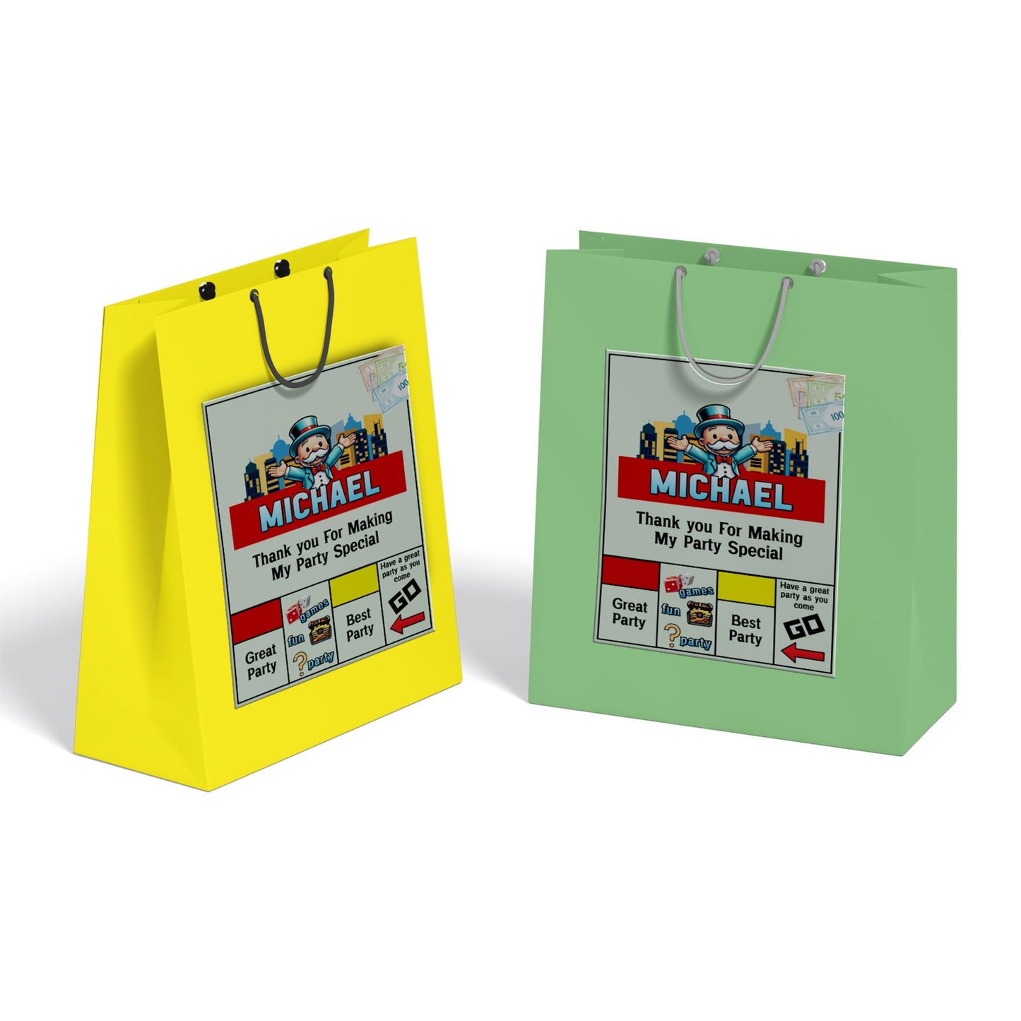 Goody bag label featuring Monopoly Go theme