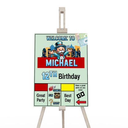 Welcome sign with Monopoly Go design