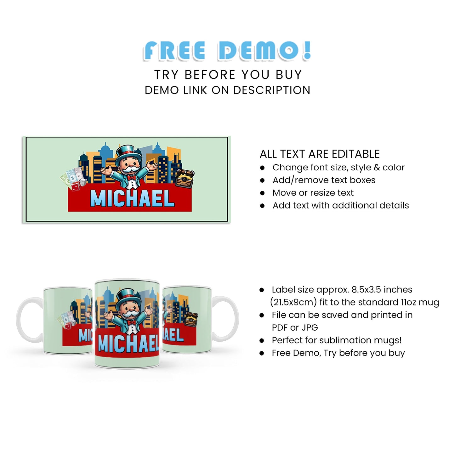 Sublimation Mugs with Monopoly Board Game Design for Unique Gifts