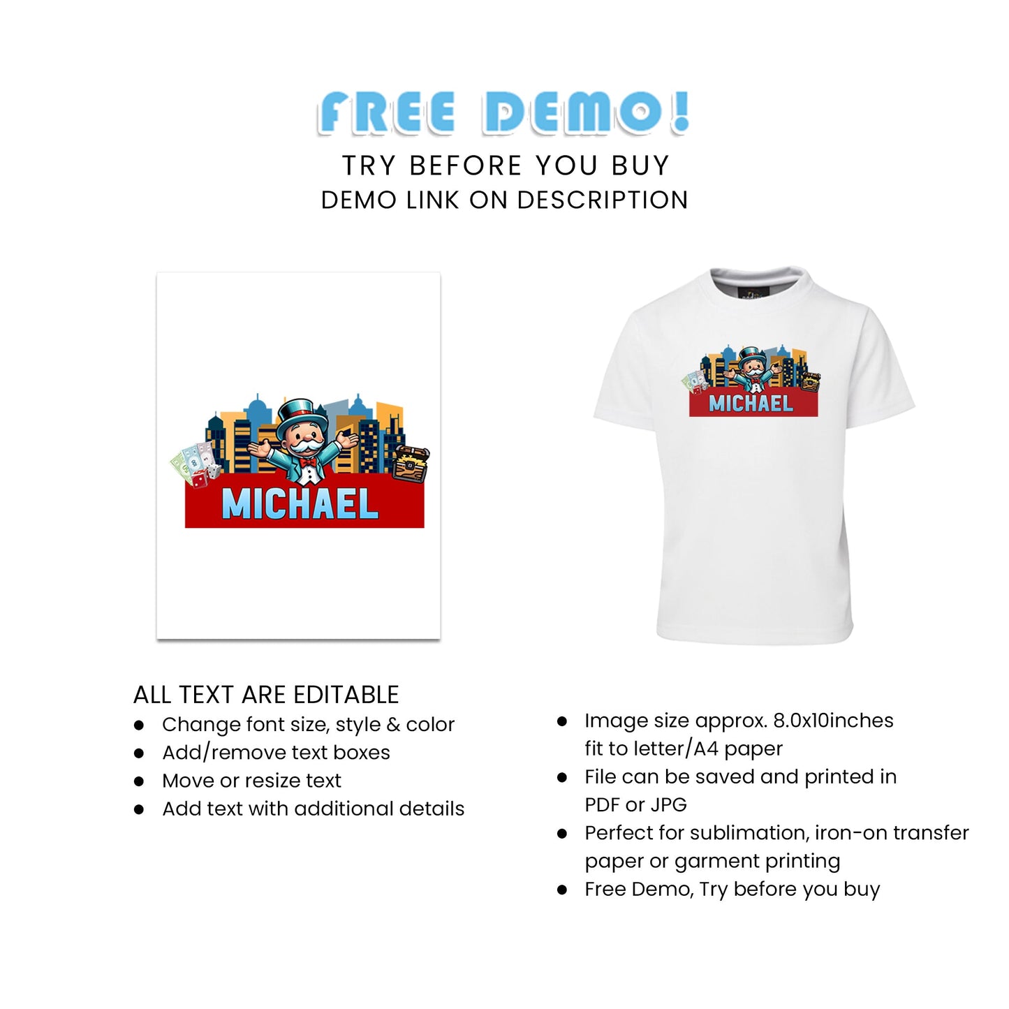 Sublimation T-Shirts with Monopoly Board Game Design for Party Outfits
