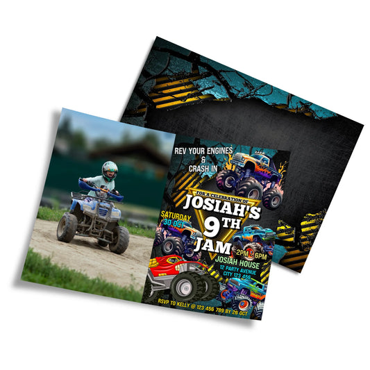 Monster Jam personalized photo card invitations for custom party invites