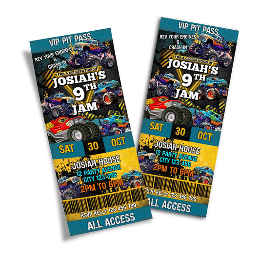 Monster Jam personalized birthday ticket invitations for themed celebrations