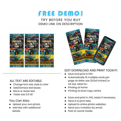 Monster Jam Birthday Ticket Invitations for Events