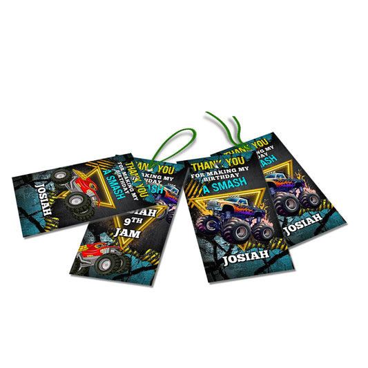 Monster Jam thank you tags with customized designs for party favors