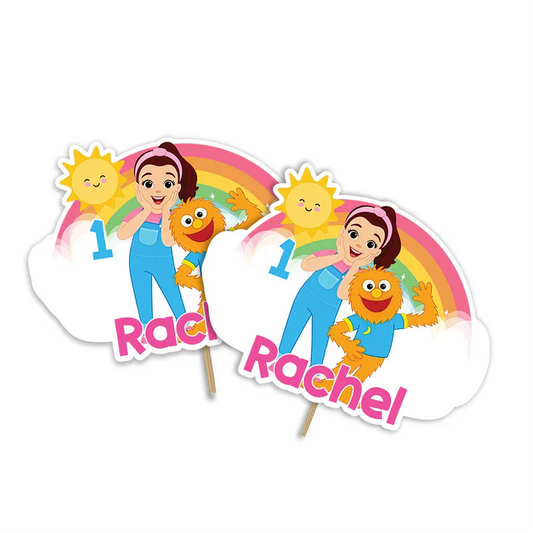 Ms Rachel toddler learning cake toppers with custom designs in colorful patterns flat lay on white background
