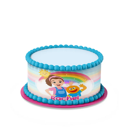 Ms Rachel toddler learning edible cake strips with bright personalized designs flat lay on white background