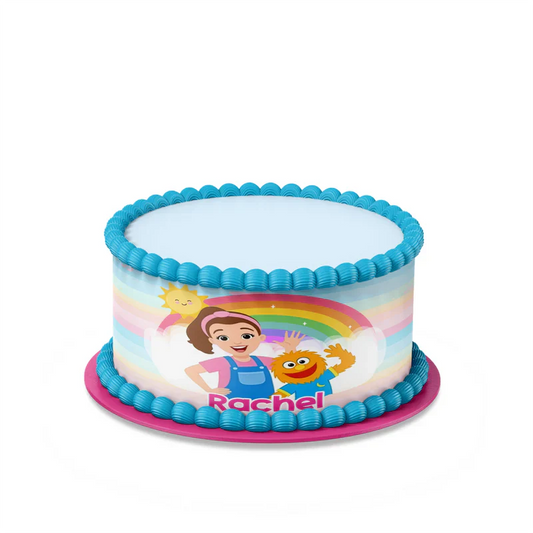 Ms Rachel toddler learning edible cake strips with bright personalized designs flat lay on white background