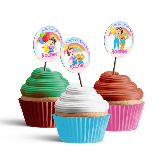 Ms Rachel toddler learning cupcake toppers with custom colorful graphics flat lay on white background