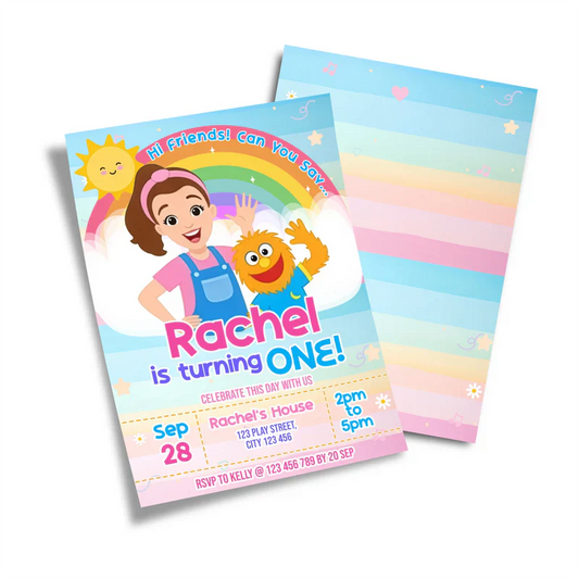 Ms Rachel toddler learning birthday card invitations with fun personalized theme flat lay on white background