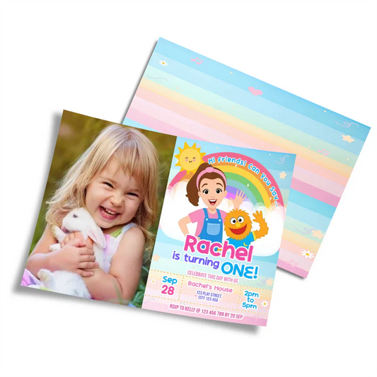 Ms Rachel toddler learning photo card invitations with custom design featuring child’s picture flat lay