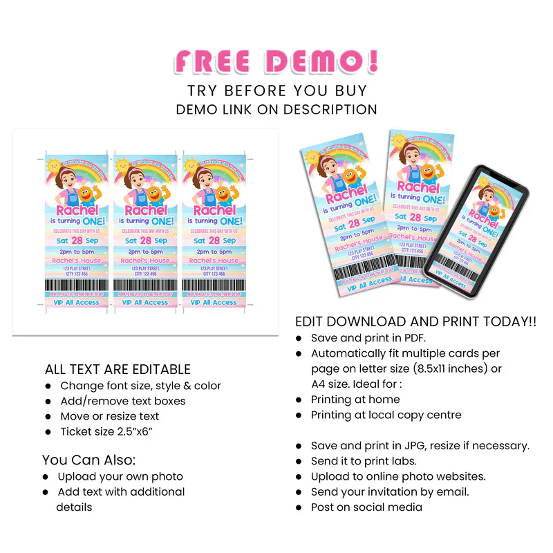 Ms Rachel Toddler Learning Birthday Ticket Invitations Digital