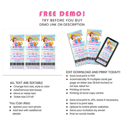 Ms Rachel Toddler Learning Birthday Ticket Invitations Digital