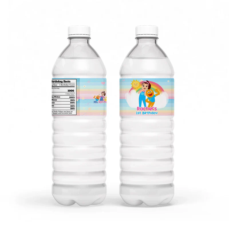 Ms Rachel toddler learning water bottle label with personalized design wrapped on bottle flat lay