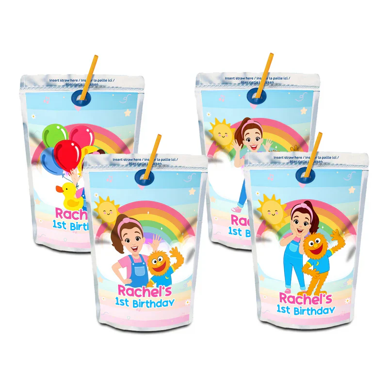 Ms Rachel toddler learning juice pouch label with custom theme in colorful graphics flat lay