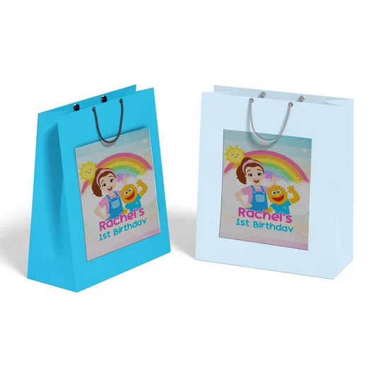 Ms Rachel toddler learning goodie bag label with personalized theme flat lay on white background