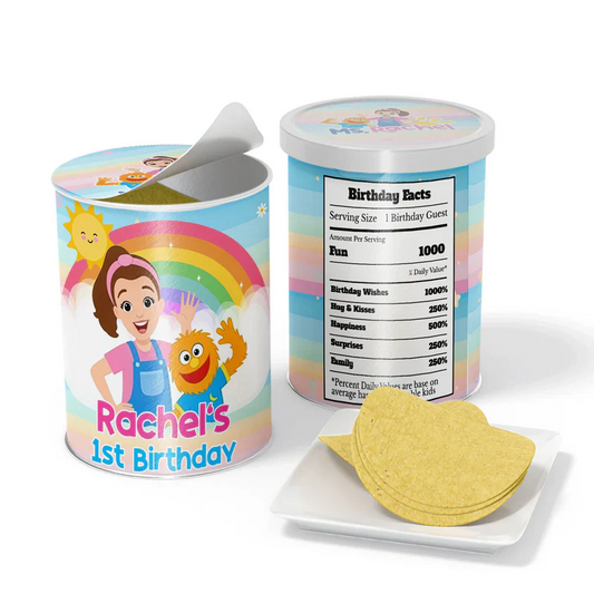 Ms Rachel toddler learning small Pringles label with colorful personalized graphics flat lay
