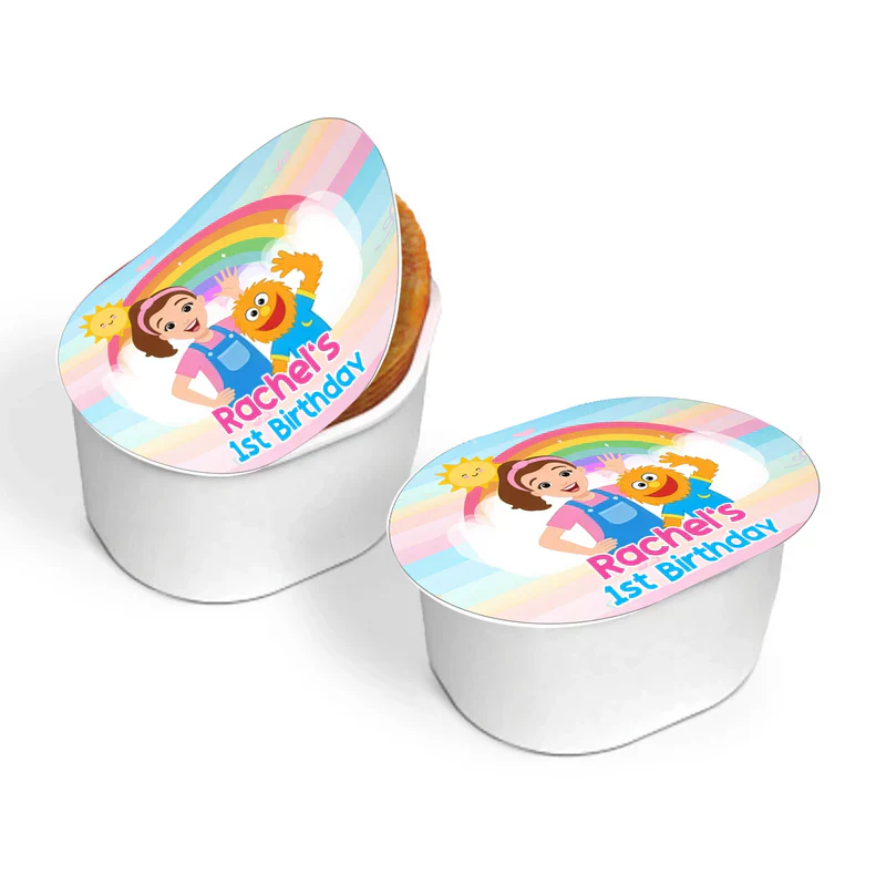 Ms Rachel toddler learning mini Pringles label with fun personalized design flat lay