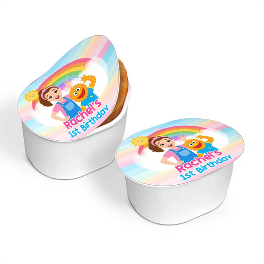 Ms Rachel toddler learning mini Pringles label with fun personalized design flat lay