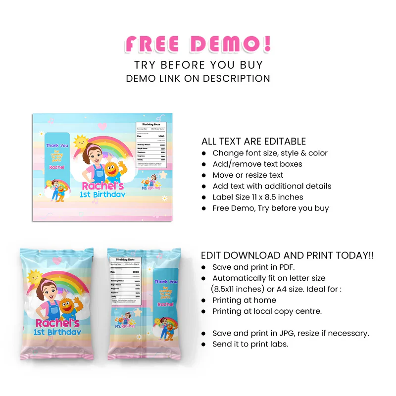 Ms Rachel Toddler Learning Chips Bag Label Personalized Design
