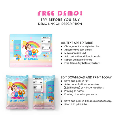 Ms Rachel Toddler Learning Chips Bag Label Personalized Design
